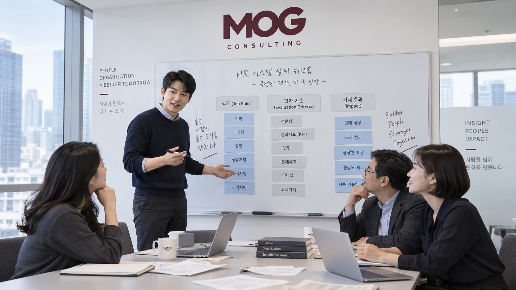 인사평가 기준과 직무 역할을 함께 검토하는 인사 컨설팅 워크숍 일러스트